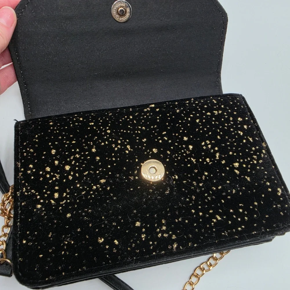 Olivia Miller Black Velvet Jeweled‎ Bee Crossbody Bag Gold Glitter Studded Purse